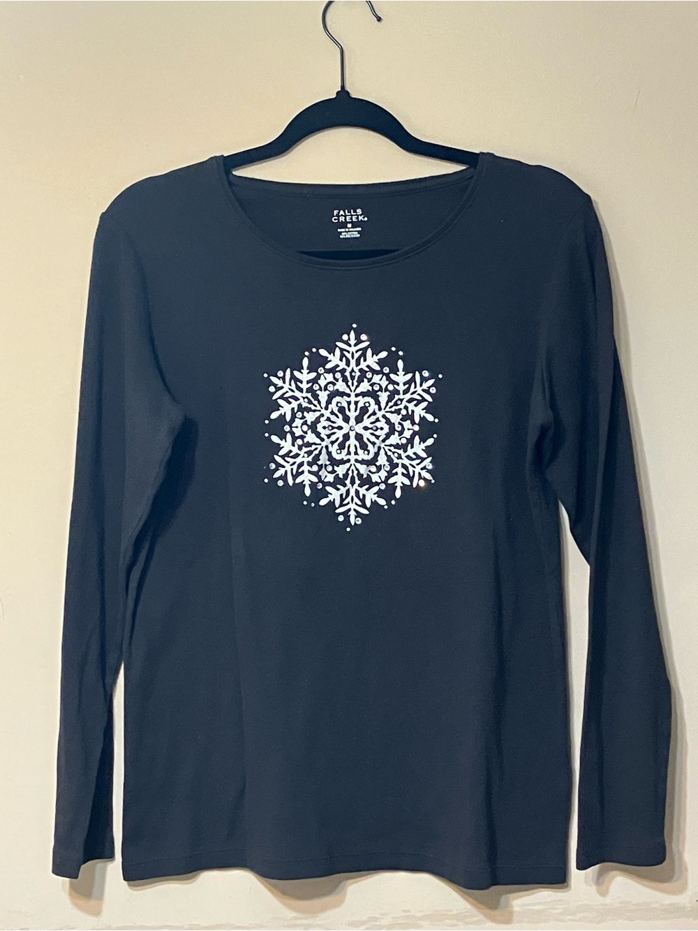 Falls Creek Black Long Sleeve Tee with White Snowflake